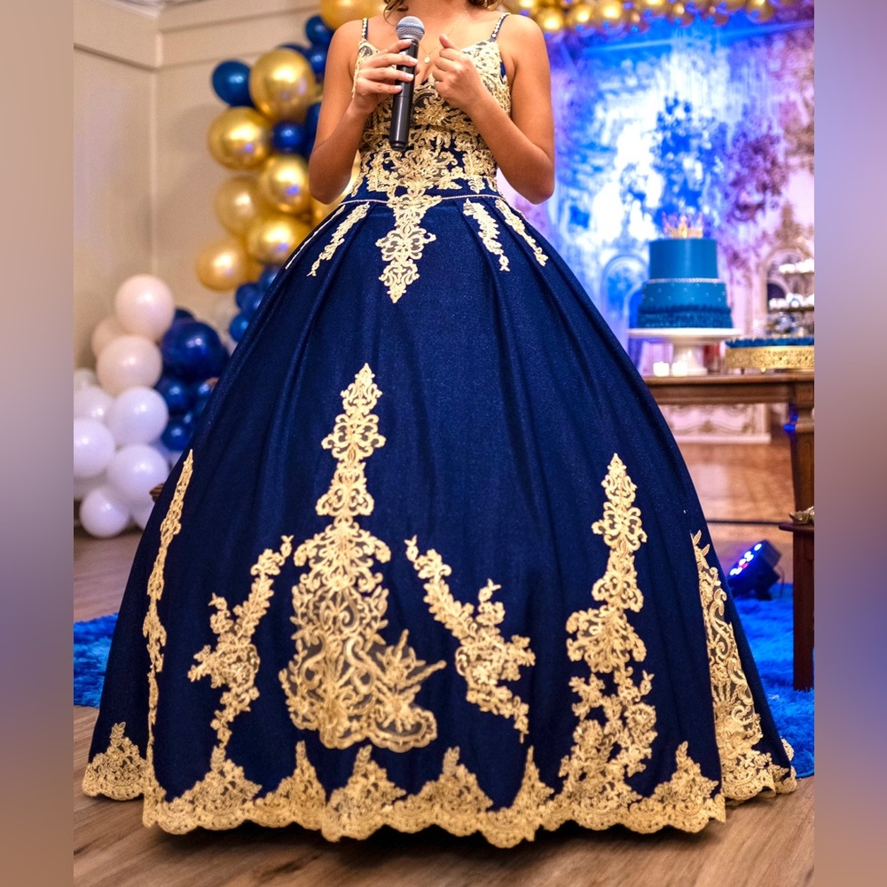 Sparkly Fabric Gold Embroidery V Neck Ball Gown Quinceanera Prom Dress Straps
